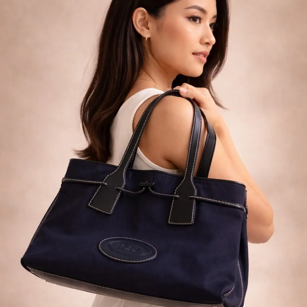 Tod’s Black Nylon Leather Trim Tote Bag Designer Luxury Shoulder Bag